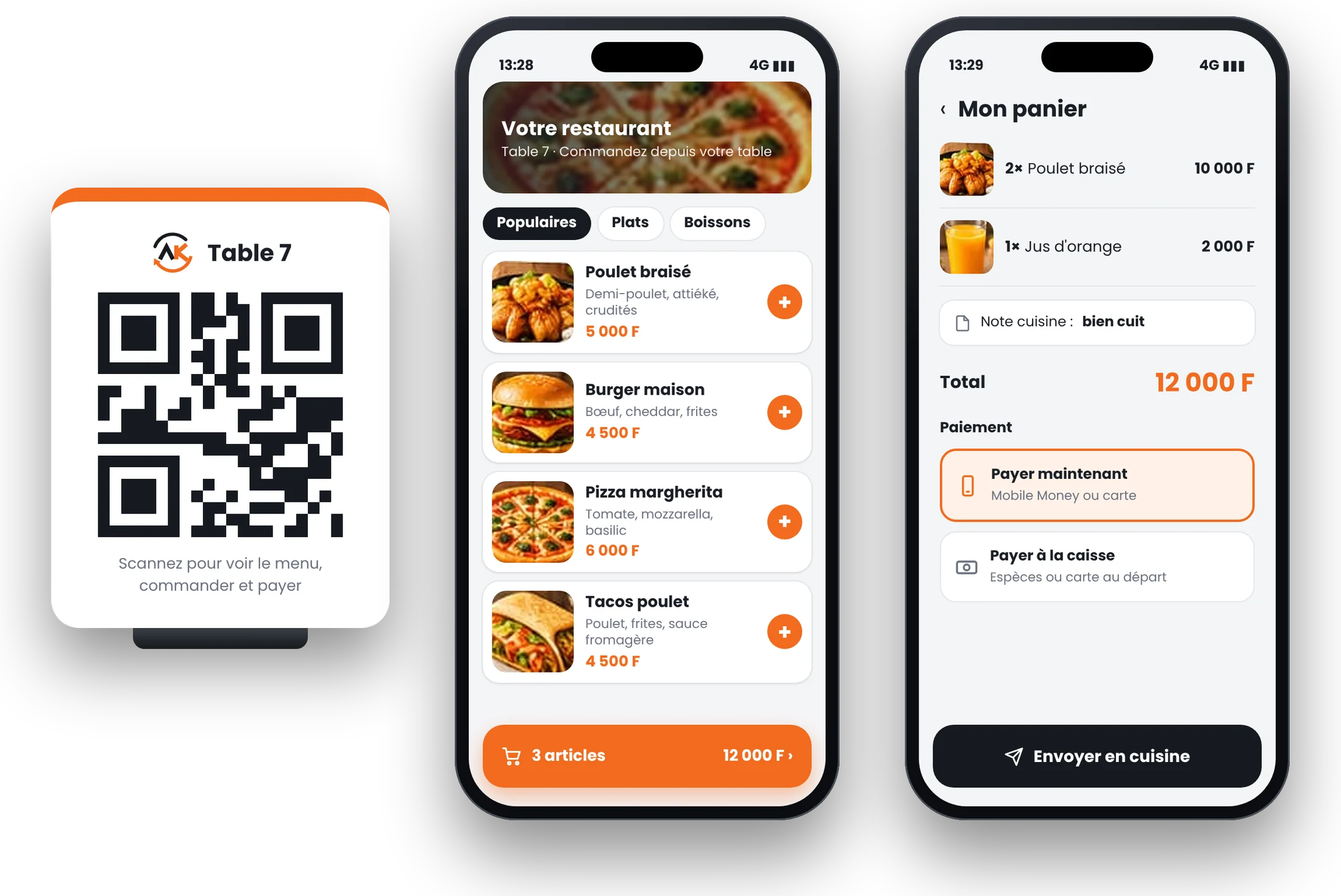 Capture du QR de table, du menu et du panier sur téléphone