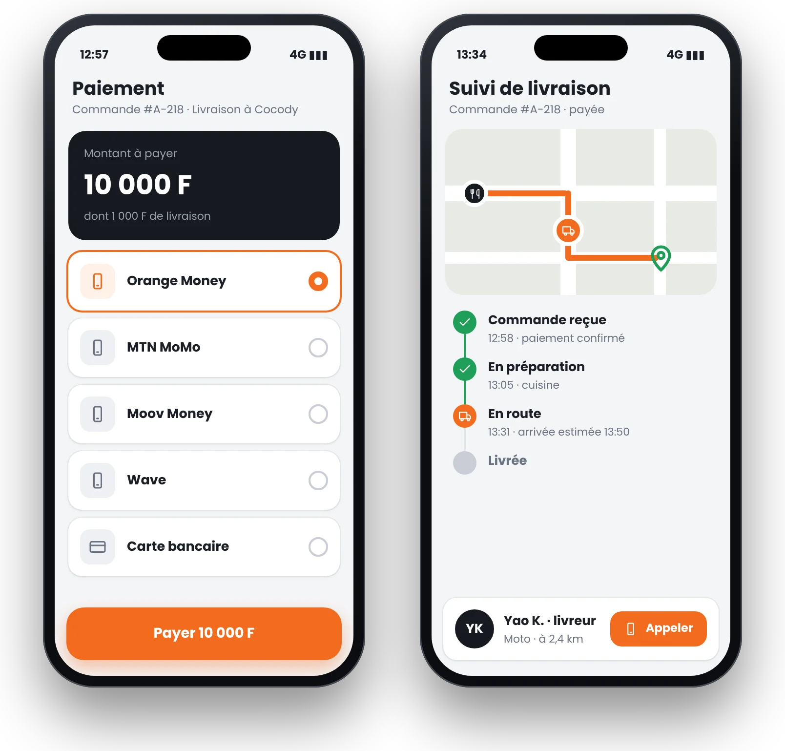 Captures du paiement Mobile Money et du suivi de livraison