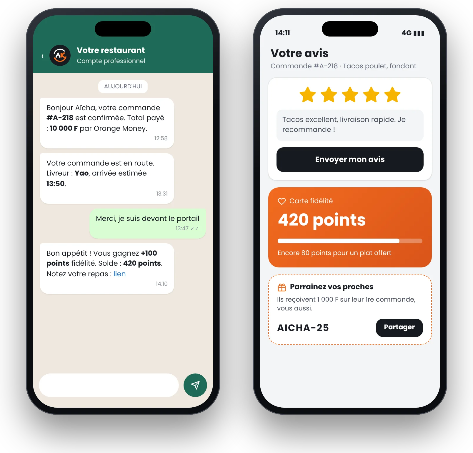 Captures des messages WhatsApp, de l'avis client et de la carte fidélité